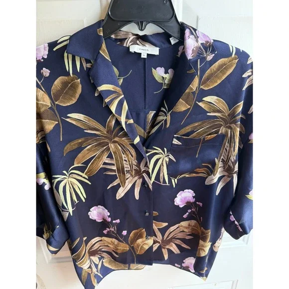 VINCE $325 Women's Blouse Top Mixed Tropical Garden Button Front 100% Silk XS